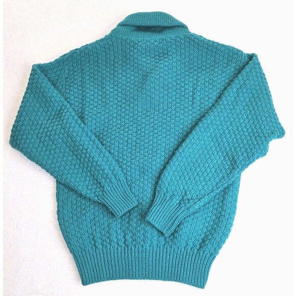 Vintage LL Bean Wool Sweater Mens Size M Teal Shawl Collar Fishermen's USA - Picture 2 of 9